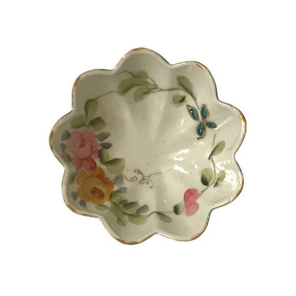 Hand Painted Finger Bowl With Floral Detail, Footed, Scalloped, Vintage Japan - Picture 1 of 10